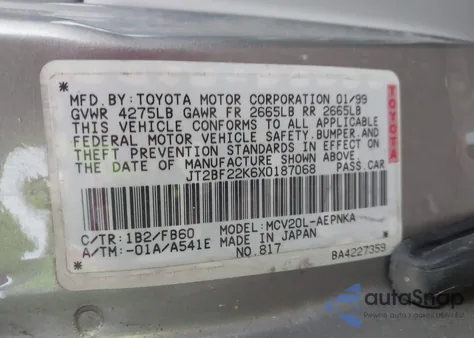 1999 Toyota Camry Le V6 from USA, damaged, VIN JT2BF22K6X0187068